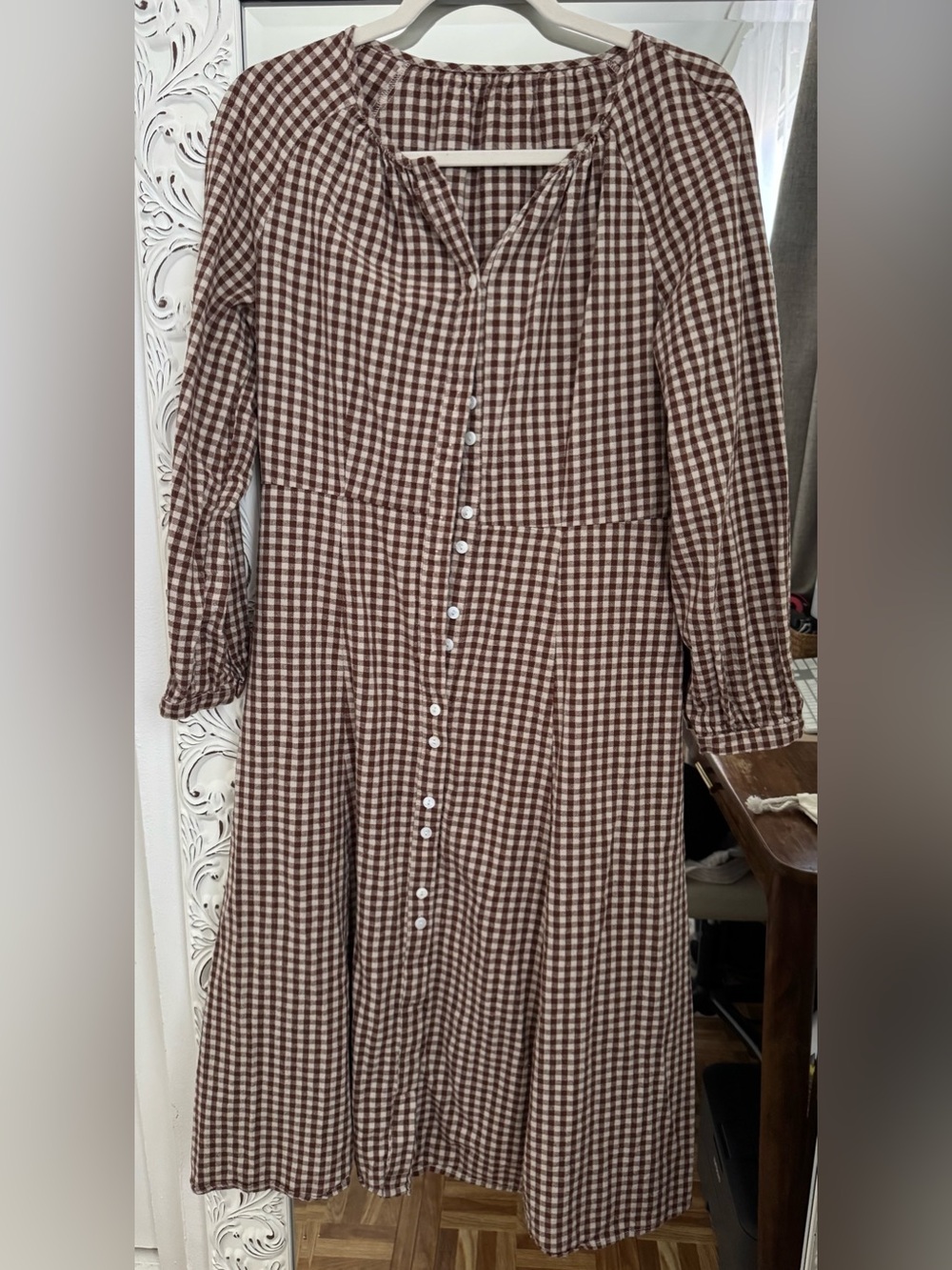 Brown and Cream Gingham Button-Front Long Sleeve Dress